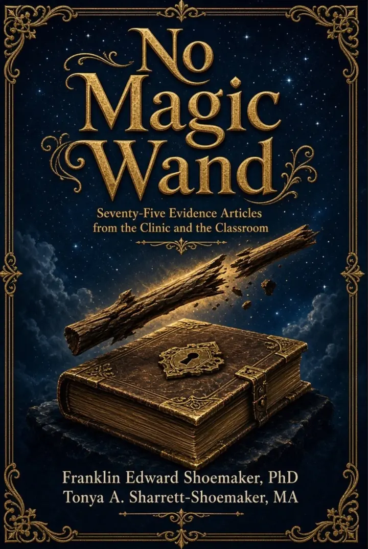 No Magic Wand book cover: a broken wooden wand splintering above a locked golden book under a starry night sky